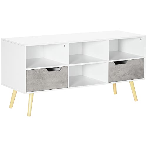 HOMCOM Mueble de TV para Televisores de hasta 50 Pulgadas Mesa de Salón Moderna con 2 Cajones y 4 Compartimientos de Almacenaje para Dormitorio 117x39x56,7 cm Blanco