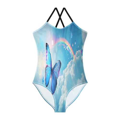 Cute Blue Butterfly Flying on A Colorful Sky with A Giant Rainbow Girls One-Piece Swimsuit Quick Dry Beach Swim Bathing Suit