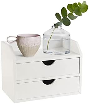 ROSE BLOOM White Wood Desk Organizer with Drawer, Tabletop Storage Box with 2 Drawers, Small Desktop Organizers for Office Accessories, Executive Document Cabinet