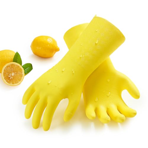 Vgo... Gants de Travail Double Couche, en TPE de Qualité Alimentaire, Résistants -10~100℃, Extra Durable, pour l'Entretien Ménager et le Nettoyage Industriel(TP1117,Jaune,M,1 paire)