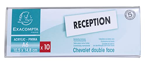 Exacompta 86358D 10er Pack Tisch-Namensschilder Querformat DIN A6 gefaltet aus hochwertigem Acryl beidseitig verwendbar UV beständig 15,0x5,5 cm Tischaufsteller Tischschild transparent