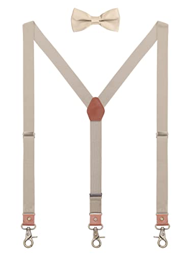 WANYING 2,5 cm hängslen flugset för kvinnor män | Y-form retro PU-läder hummer stängning hängslen elastiska justerbara för längd 150–200 cm enfärgad, Enfärgad khaki, für Körpergröße 150-200cm