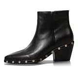 Women's Leather Pointed Toe Studded Block Heel Chelsea Boots With Side Zippers 2.56in Fashion Comfort Non Slip Stack Chunky Heel Dress Western Ankle Boots For Party Office Business Walking (Black,8.5)
