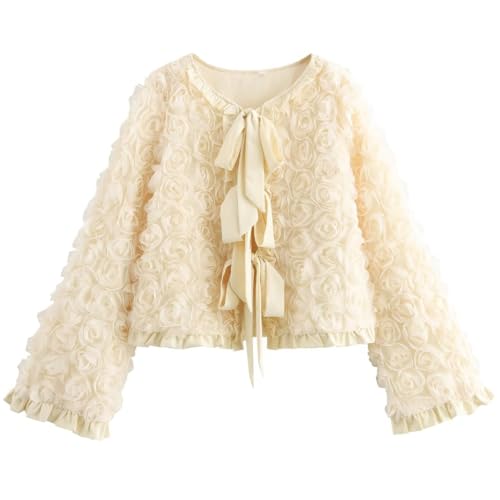 ebossy Women's Collarless Tie Front Blazer Elegant Floral Long Sleeve Casual Slim Y2k Crop Jacket Coat