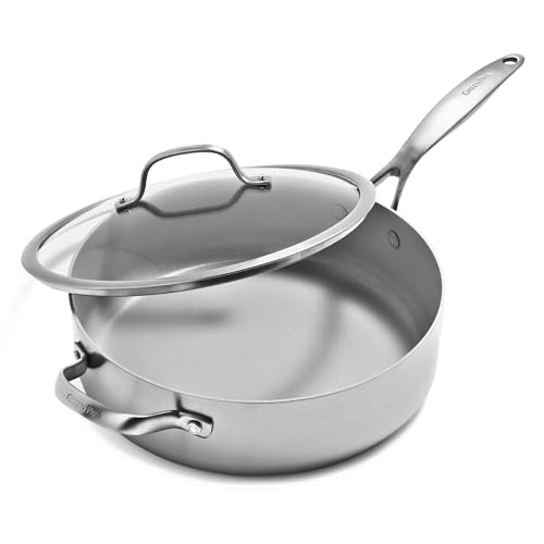 GreenPan Venice Tri-Ply 28cm/4.8l Schmorpfanne mit Hilfsgriff und Deckel, Gesundes Antihaft-Kochgeschirr aus Edelstahl, PFAS-frei, Mehrschichtig, Induktion, Spülmaschinenfest, Backofenfest, Silber