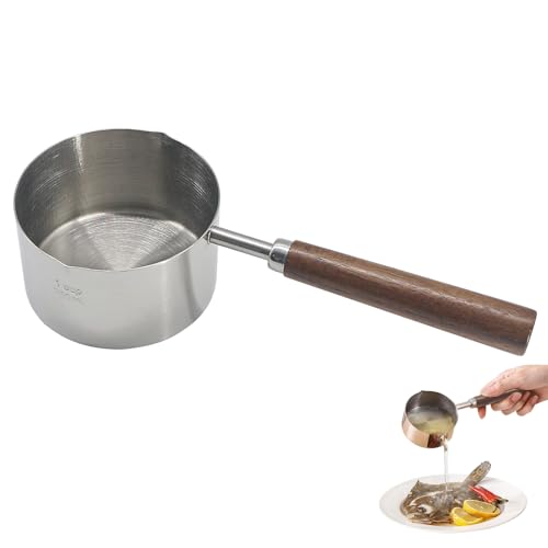Mini Sauce Pan Cooking Pot with Wooden Handle, Stainless Steel Small Milk Pan and Butter Warmer, with pour spout,250ml