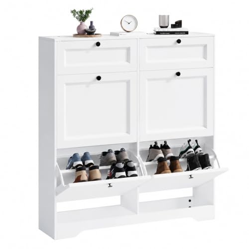 Xbro Zapatero Entrada Recibidor, Mueble Zapatero de Madera 4 Abatibles y 2 Cajones,10 Pares de Zapatos, Zapatero para Pasillo y Salón, Medidas 95×25×102cm Blanco