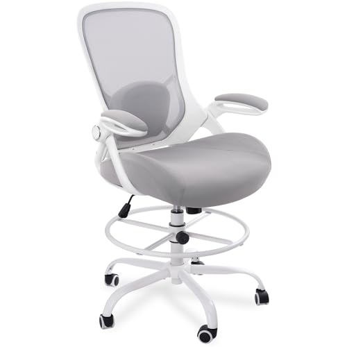 Image of HYLONE 400lbs Heavy Duty Drafting Chair 5 inch Thickened Seat Office Chair with Flip-Up Armrests Tall Ergonomic Computer Chair with Lumbar Support and Adjustable Footrest Ring Standing Desk Chair (Grey)