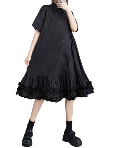ellazhu Women's Shirt Dress Button Down Lapel Short Sleeve Ruffle Hem Oversize Loose Casual Solid GZ183 A