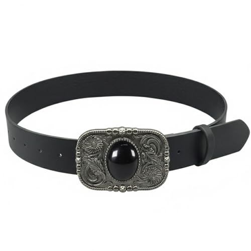 Ceinture western femme boucle motif floral argenté gravé et pierre noire, cuir PU pour jean