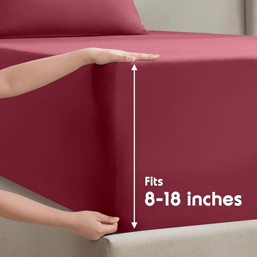 Image of Nestl Split King Bed Sheet Set - Burgundy Red - 5-Piece Deep Pocket | Instantly Soft, Night-One Ready (No Wash Required). Fits 16-Inch Deep Pockets, 360-Degree Elastic Grip