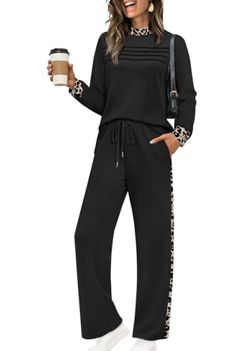 Image of WIHOLL Two Piece Sets for Women Fall Travel Vacation Outfits 2026 Long Sleeve Lounge Sets Side Slit Wide Leg Pants XS-3XL