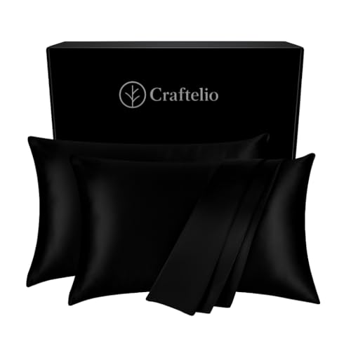 Image of Satin Pillow Covers Set of 2 with 3 Free Random Color Scrunchies - Luxurious, Soft & Smooth Cushion Cases for Skin and Hair Care (Black)