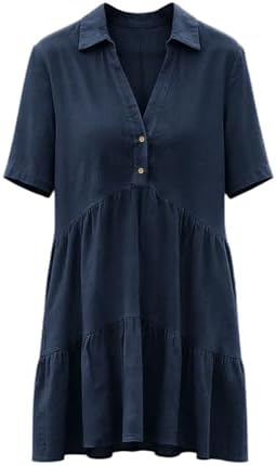 Frostluinai Summer Dresses for Women Over 50 Womens Cotton Linen Dresses Summer Casual Loose Fit Sundress V Neck Button Down Short Sleeve Mini Dress Navy — view 7