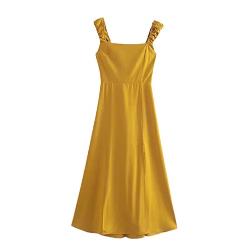 Robe midi fendue d'été sans manches pour femme - Tenue dos nu col unique jaune et noir
