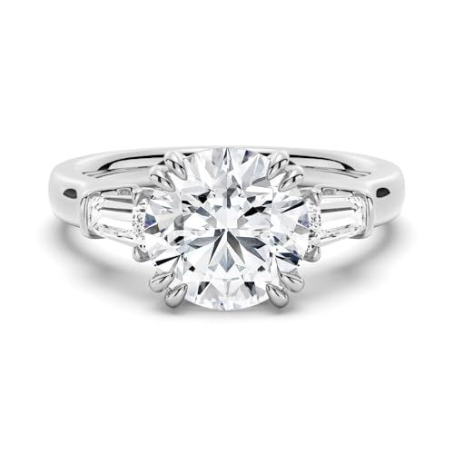 MSBLUE® Moissanite Engagement Ring, 1.0-2.0 CT Round-Cut with Tapered Baguette Side Stones, 14K White Gold Vermeil, Rhodium Finish