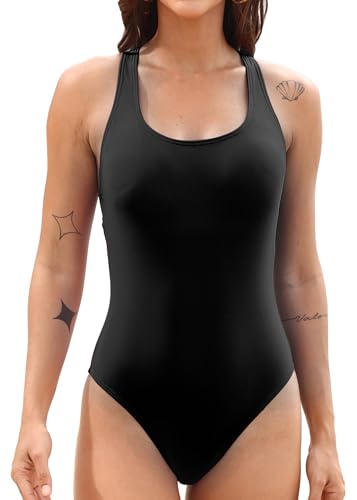 Vevarble Swimming Costume Women Sporty Cross Back One Piece Swimsuit Athletic Scoop Neck Swimwear Removable Padded Bathing Suits,S,Black