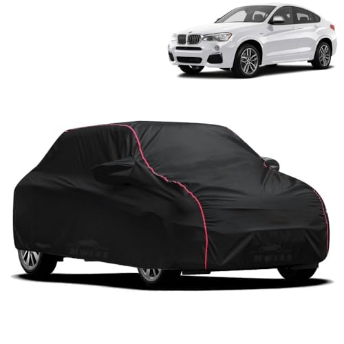 Image of Waterproof Car Cover for BMW X4 | All-Weather Protection, Dustproof & UV Resistant | Triple Stitched Mirror Pockets, Windproof Buckle Strap with Elastic Hem, Black-Red Piping