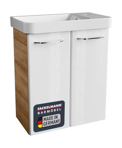 FACKELMANN Milano Gäste WC Set 2 Teile/Waschbecken/Waschbeckenunterschrank mit 2 Türen/Badschrank mit Soft-Close/Badmöbel Set fürs kleine Bad/Korpus: Braun hell/Front: Weiß/Breite: 55 cm