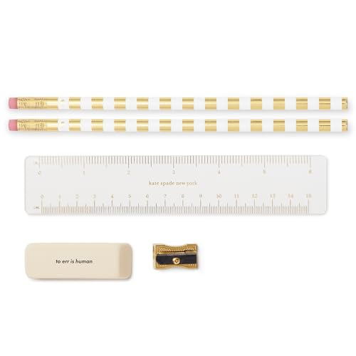 Image of kate spade new york Pen and Pencil Case with Office Supplies, Zip Pouch Includes 2 Pencils, Sharpener, Eraser, and Ruler, Grand Plaid Duo