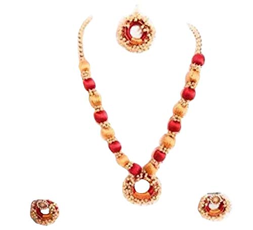 GO-FOR-IT Wooden, Plastic and Silk Thread Red and Yellow Ball Necklace with Pearls for Women