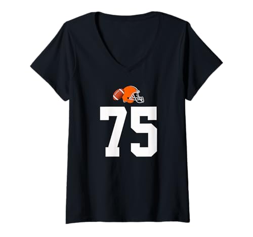 Damen American Football Helm Style Vintage Nummer 75 T-Shirt mit V-Ausschnitt