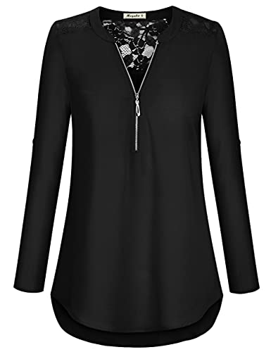 Moyabo-Damen-V-Ausschnitt-Bluse34-aeRmel-Tunika-ReissVerschluss-Langshirt-Langarm-Hemd-Tops-T-Shirt-Oberteile-Tunika-Tops