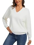LATAHUO Women's V Neck Long Sleeve Sweaters Loose Fit Casual Pullover Tops Trendy Fall Clothes 2025, White, Large