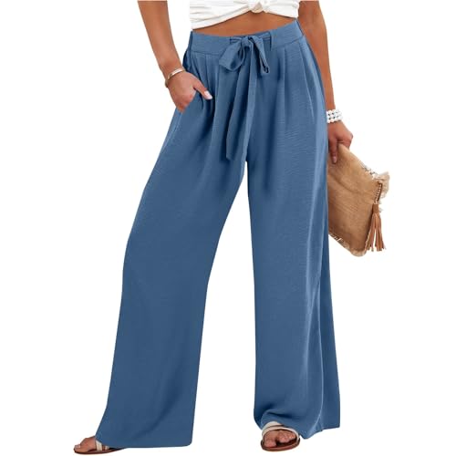 Linen Pants for Women Drawstring Paperbag High Waisted Wide Leg Palazzo Pants Dressy Work Trousers with Pockets