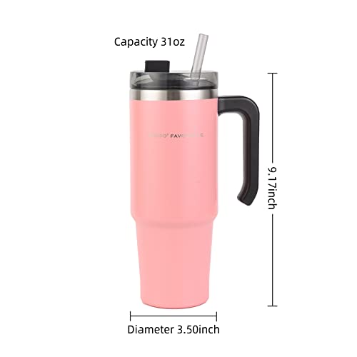 31Oz Tumbler With Handle And Straw Lid, Stainless Steel Insulated Tumblers, Travel Mug For Hot And Cold Beverages, Thermos Travel Coffee Mug Cup, Pink #TOP1