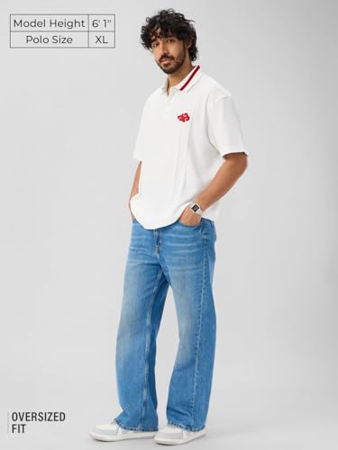 Image of The Souled Store Naruto Shippuden: Akatsuki Outlaws Men and Boys Short Sleeves Collared Neck White Embroidered Cotton Blend Oversized Polos