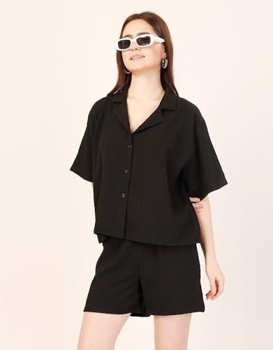 Image of Fashfun Women's Coord-Set (Solid Orange Crepe Collar Neck Shirt with Pant-Set of 2)