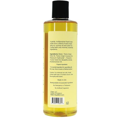 Image of Claya Frankincense Liquid Castile Soap - Organic Ingredients, Biodegradable, Aromatic with Citrus and Spice, Gentle for Skin (2 Pack of 16 fl oz (Disc Cap))