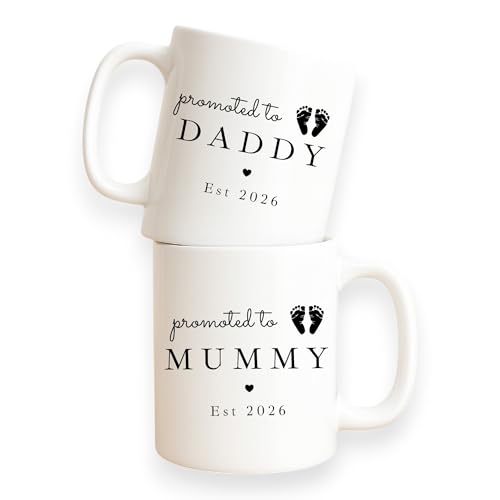 allaboutthebump Personalised Promoted to Mummy & Daddy Ceramic Mug Set with Baby Feet – Custom Est. Year Pregnancy Announcement Mugs, New Parents Gift, Baby Reveal, Baby Shower (Set of 2: Mum & Dad)