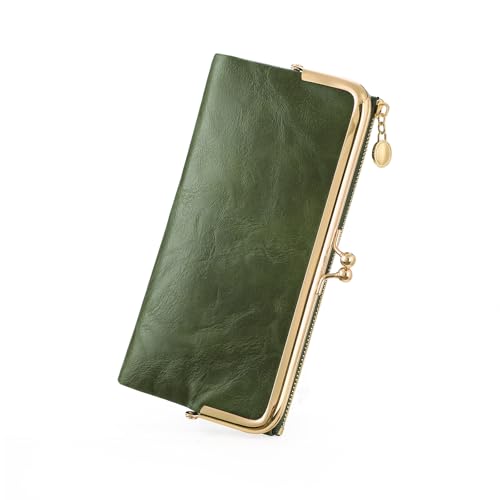 Image of GOIACII Womens Wallet Kiss Lock Bifold Leather Wallets for Women Green | Vintage Wallet for Women,Ladies Clutch Purse,Women's Card Holder Wallet with Zipper