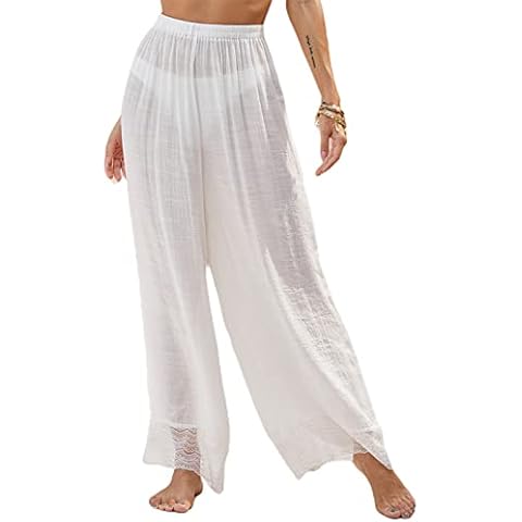 Hilinker Women's See Through Swimsuits Cover Up Pants Wide Leg Bikini Bottom Coverups, B-white, Large Cover