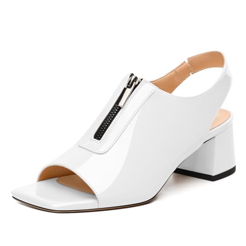Womens Pumps, Square Peep Toe Mid Block Heel Slingback Pumps for Women, Open Toe Backless Pumps with Front Zipper 2