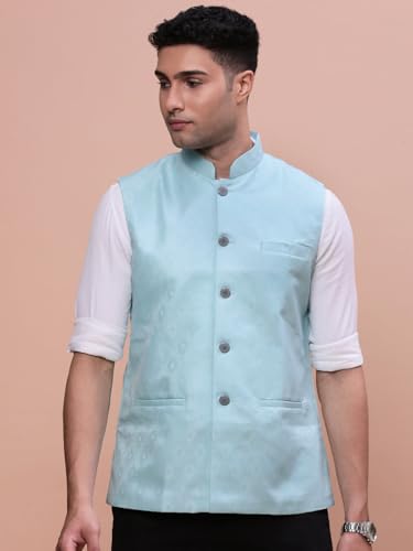 Image of SHOWOFFFF Men Woven Design Ethnic Nehru Jacket | Mandarin Collar Sleeveless Cotton NehruJacket for Mens | Slim Fit Regular Length NehruJackets for Men's