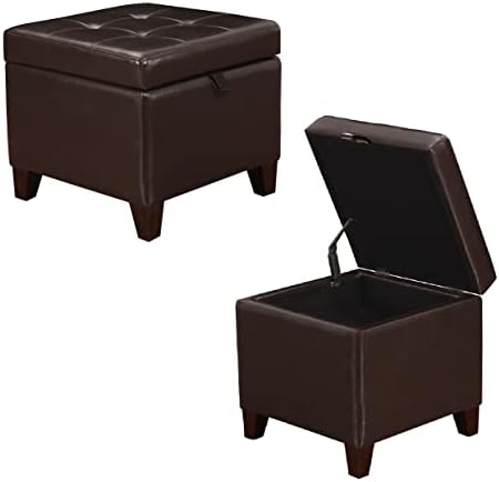 Asense Square Storage Ottoman Upholstered Tufted Foot Rest Stool with Hinged Lid (Faux Leather Brown)