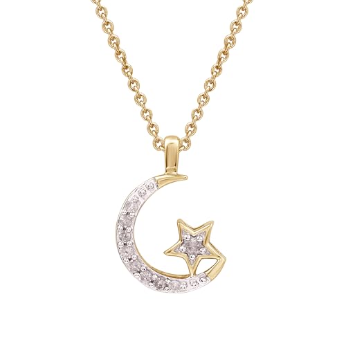 GILDED 10K White Gold & Diamond Necklace with Moon & Star Pendant, Natural Round-Cut Diamonds and 18