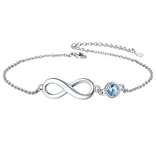 Chicsilver 925 Sterling Silver Anklet For Women Teen Girls, Minimalist Delicate Infinity Ankle Bracelet With Round Simulated Birthstone Foot Chain Summer Vacation Beach Jewelry (March - Aquamarine) #TOP17