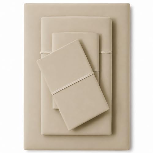 Image of Feather & Stitch 500 TC Split King Size Sheet Set, 5 Piece Bed Sheets Set-2 Twin Fitted Sheet, 1 King Flat Sheet & 2 King Pillowcases, 18 inch Deep Pockets Sateen Weave Solid Bedsheet - Champagne Beige