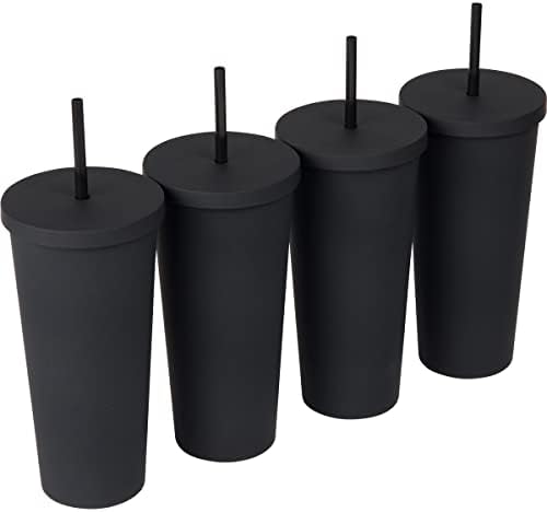 Zephyr Canyon 24oz Matte Black Tumblers with Lids and Straws - Pastel Double Wall Tumbler - Insulated Acrylic Cups for Hot & Cold Drinks, Spill-Proof Reusable Iced Coffee Cup, Set of 4