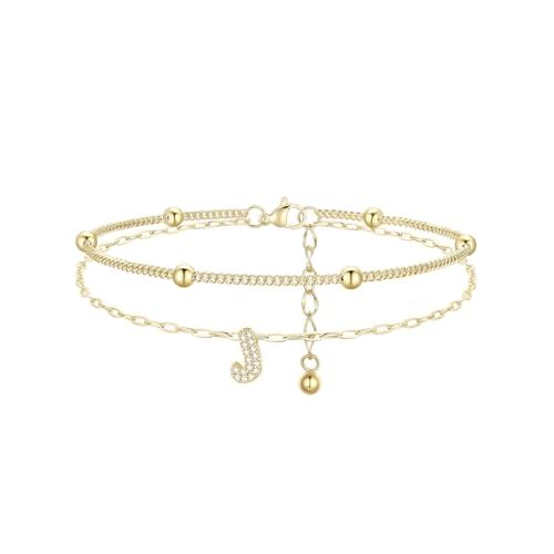 FindChic Initial Anklet for Women, Silver/Gold Plated Layered Beaded Ankle Bracelet with Cubic Zirconia Initial Charm, Adjustable Waterproof Non-Tarni