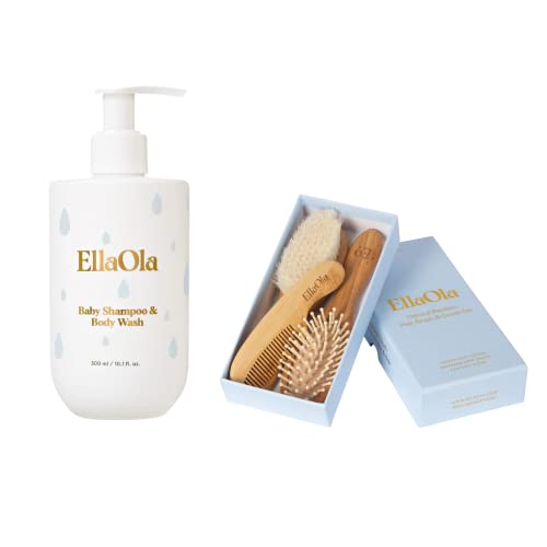EllaOla Bath Duo | Shampoo and Body Wash with 3 Piece Bamboo Brush Set | Infant and Toddler Hair Products