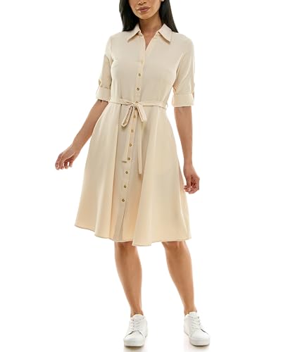 Image of Sharagano Women's Pleated Shirt Dress - 3 /4 Sleeve, V-Neck, Gold Buttons