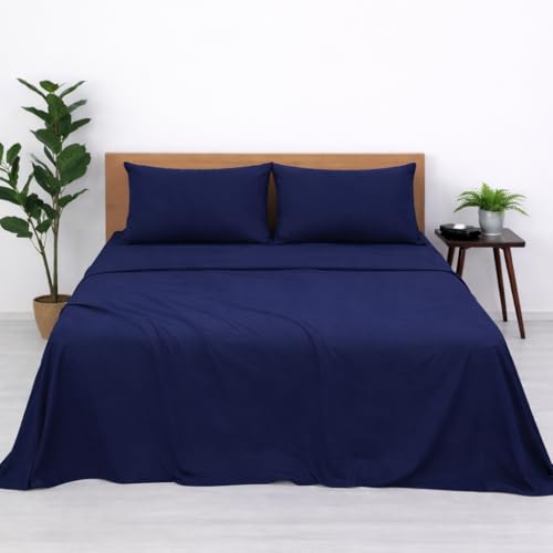 Image of Blue Strip Polycotton Bedsheet, Double 90x100 (Navy Blue) | Hotel Quality | Soft, Breathable & Colourfast | Wrinkle Resistant | Machine Washable | Pillow Covers Included