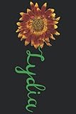  Lydia: A pretty and cute personalized floral sunflower and ladybug notebook gift idea for women and girls named Lydia with the name on the cover.