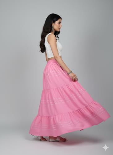 Image of Payal Creation Women's Rayon Flared Long Skirt with Gota Lace | Ethnic Maxi Skirt for Girls & Women | Festive Casual Flowy Comfortable Skirt | Free Size White Long Skirt