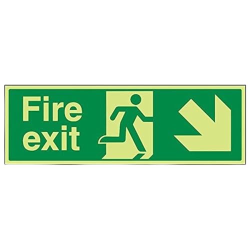 V Safety Glow In The Dark Fire Exit Arrow Down Right Sign - 450mm x 150mm - Rigid Plastic